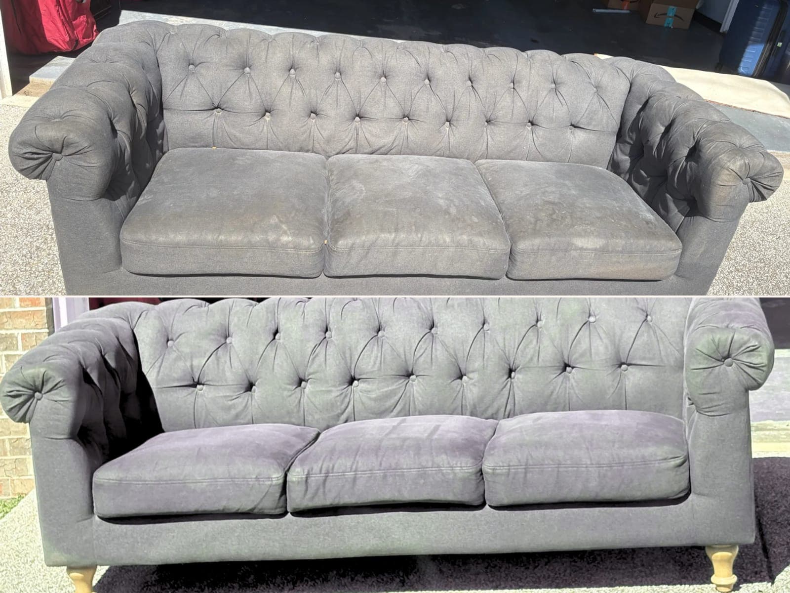 A gray tufted chesterfield sofa shown twice, cushions mottled and flattened above and clean and full after cleaning below