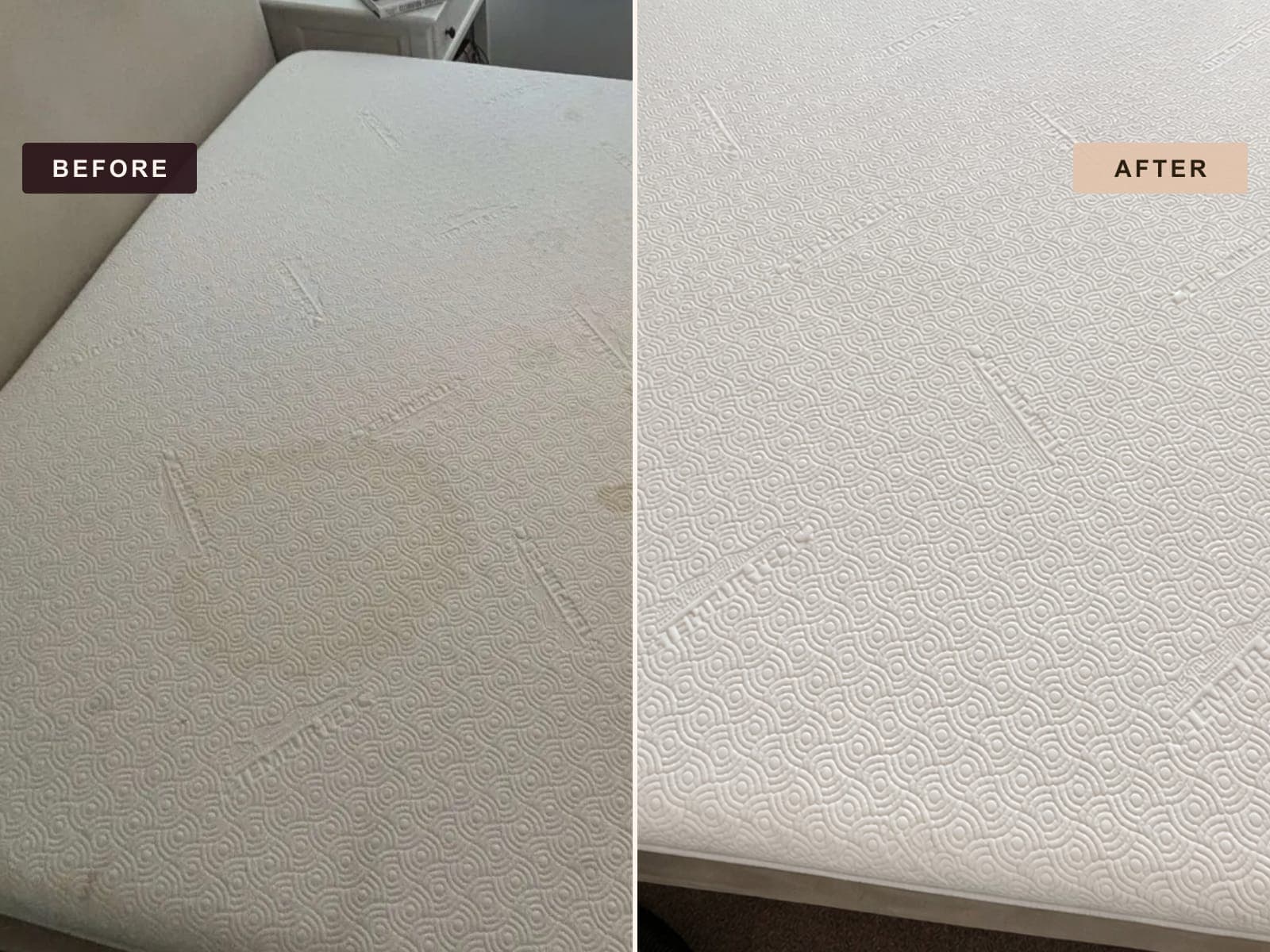 Before and after of a mattress, a body soil shadow across the quilted cover on the left and the same surface white again on the right