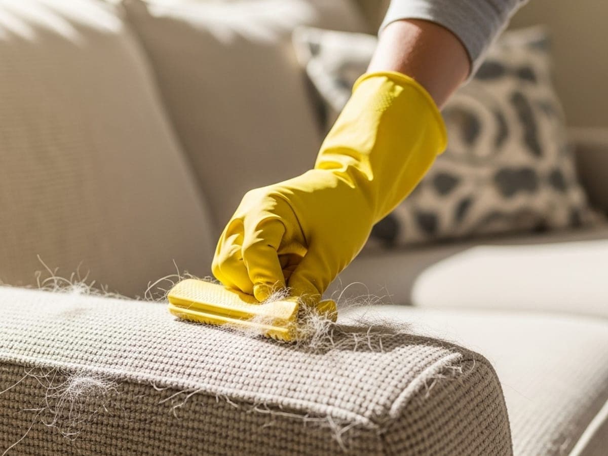Gloved hand working embedded pet hair off a couch arm with a rubber brush
